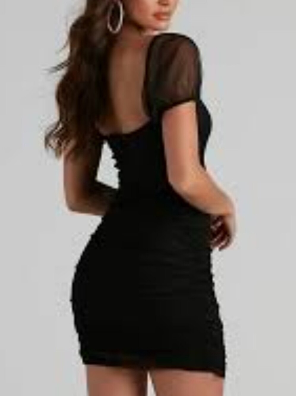 Windsor Black Mesh Overlay Ruched Bodycon Mini Dress Sheer Sweetheart Neck